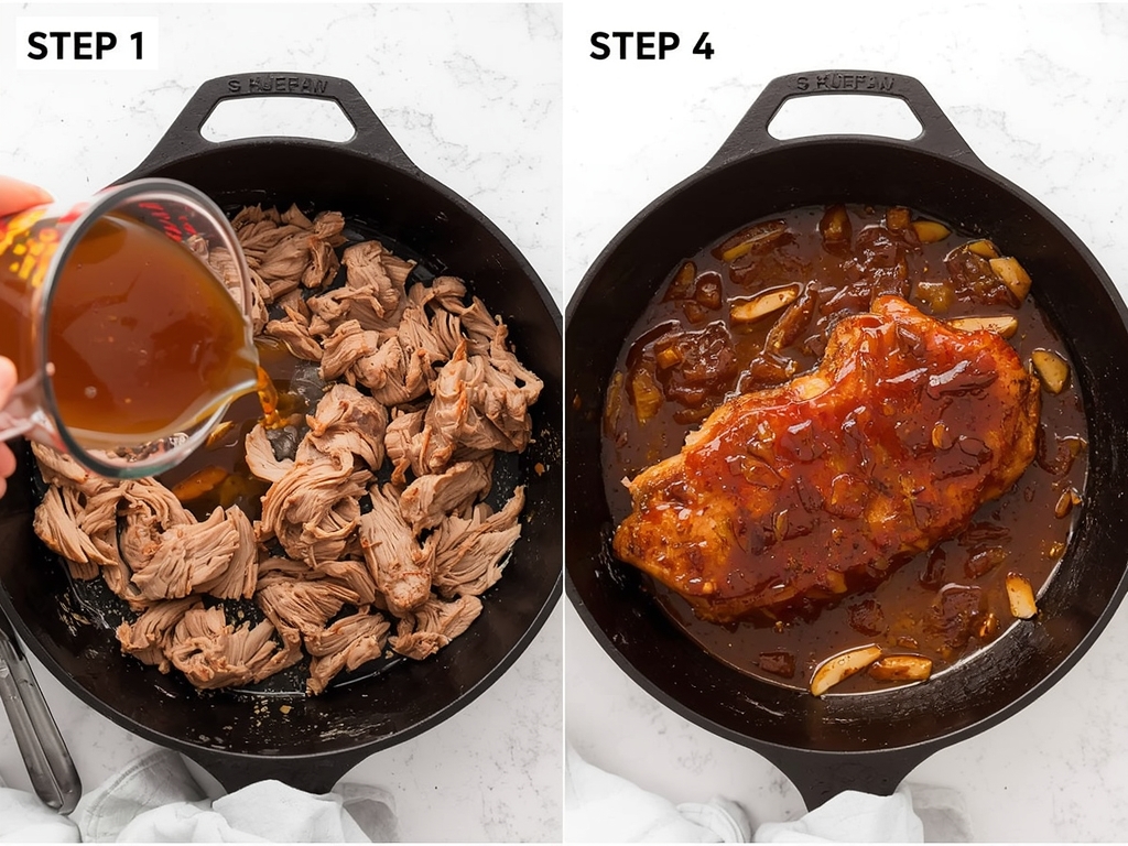 A step-by-step visual guide showing a cast-iron skillet with pulled