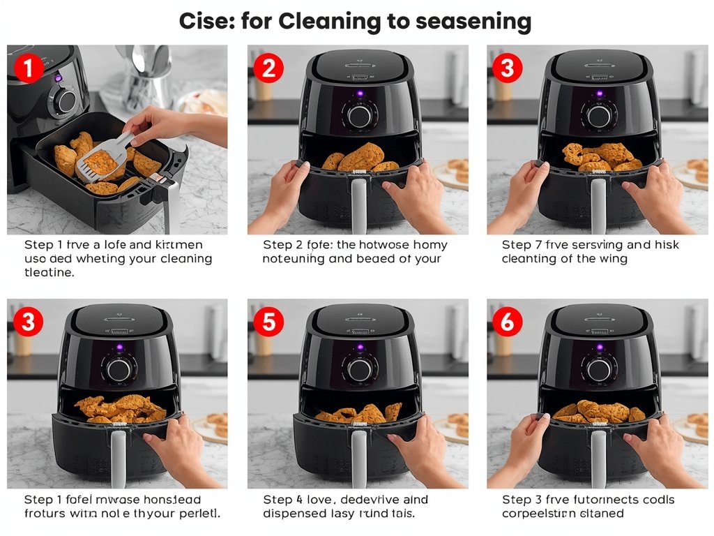 A step-by-step visual guide showing an air fryer being cleaned
