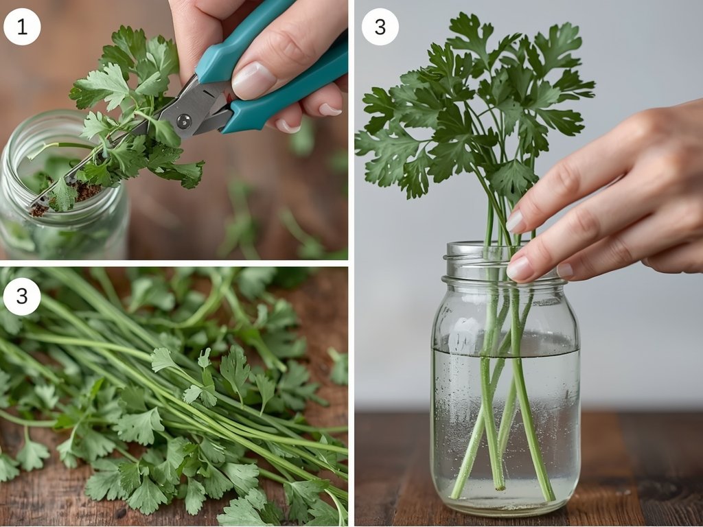 A step-by-step visual guide showing the process of trimming cilantro
