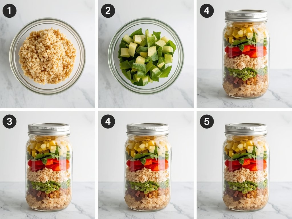 A step-by-step visual guide to assembling a protein-packed salad jar,