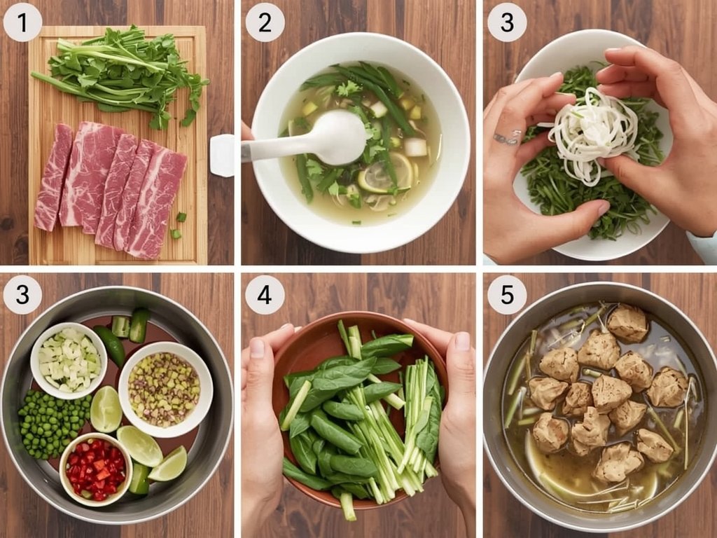 A step-by-step visual guide to assembling Roast Beef Pho, from