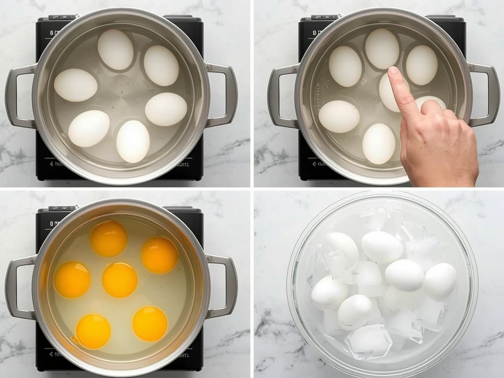 A step-by-step visual guide to boiling eggs, showing a pot