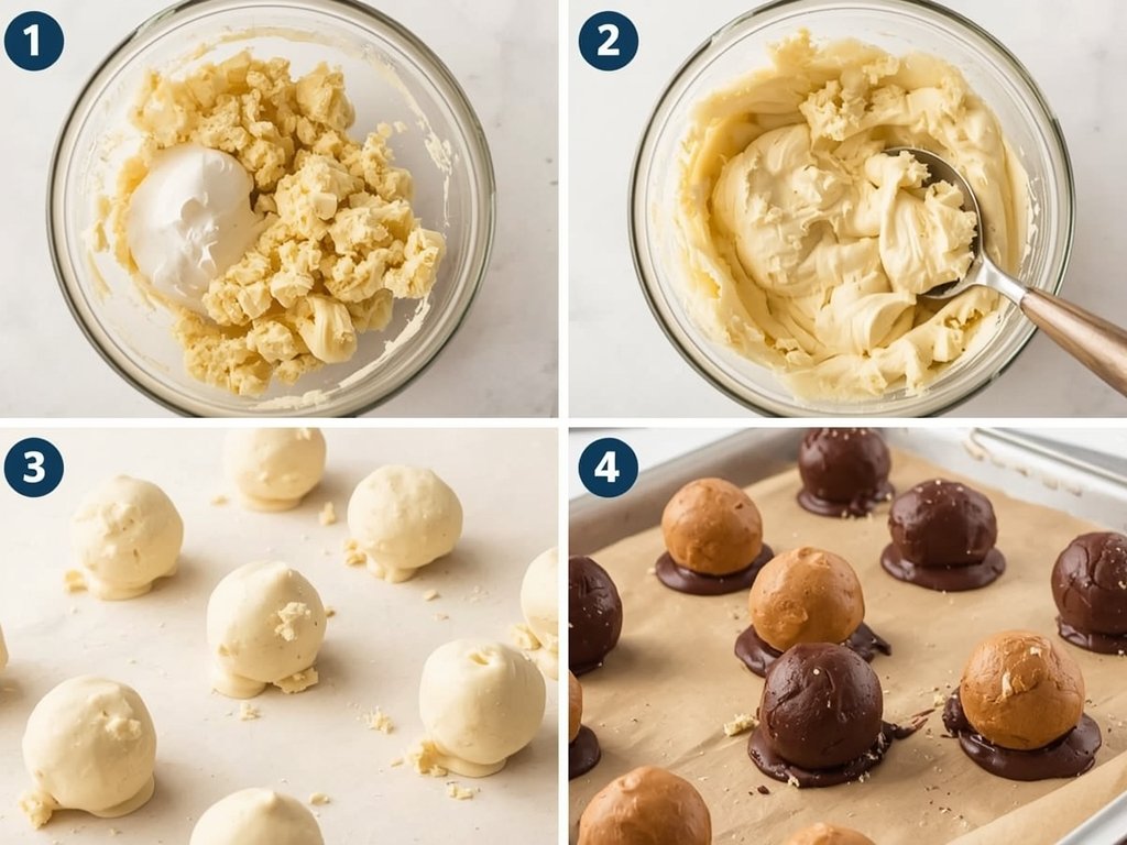 A step-by-step visual guide to making cake truffles, showing the