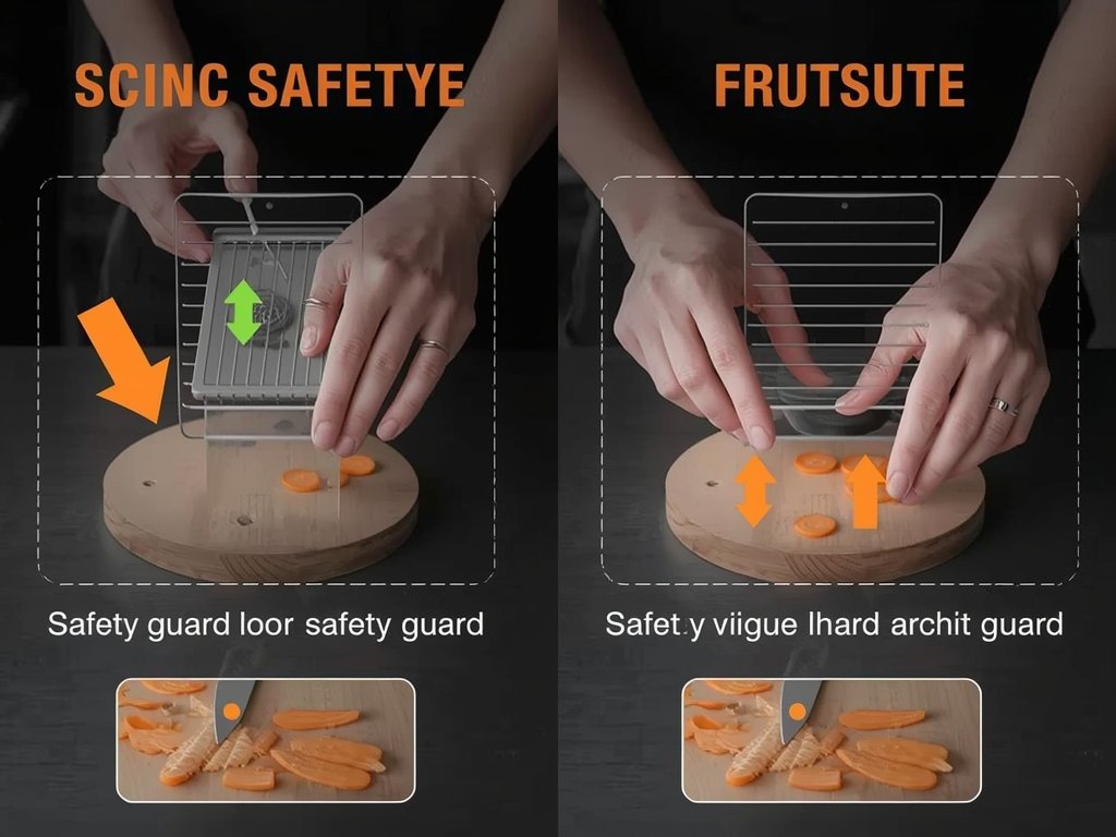 A step-by-step visual guide to proper mandoline technique, showing a