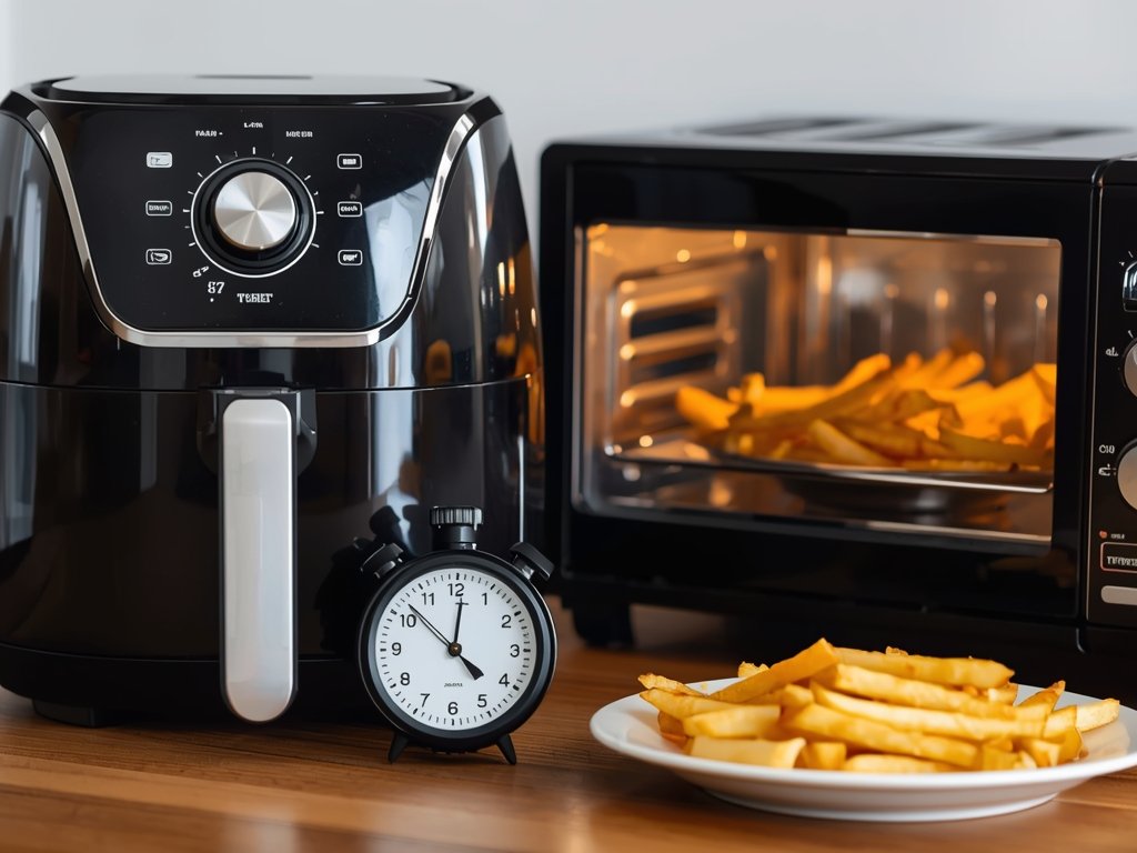 A stopwatch sitting next to an air fryer and a