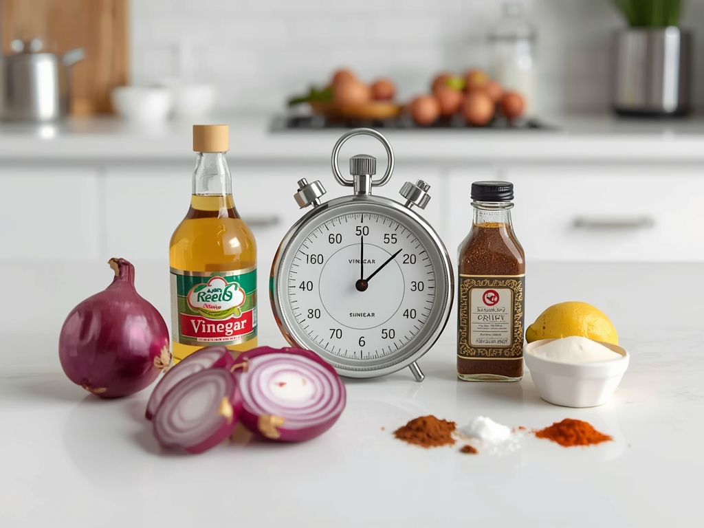 A stopwatch ticking down to 10 minutes, surrounded by ingredients