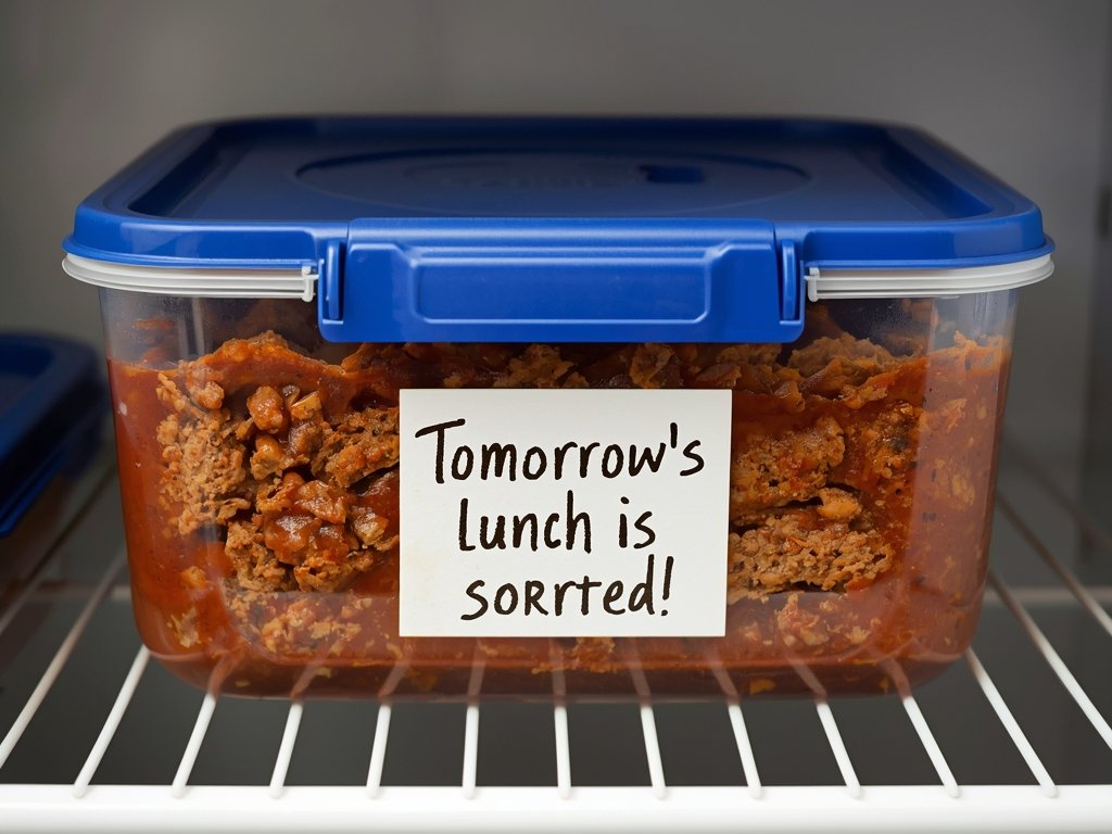 A storage container filled with leftover Meatloaf Bolognese, labeled and