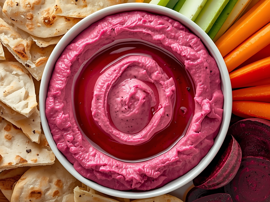 A stunning, photorealistic image of a vibrant pink hummus, swirled