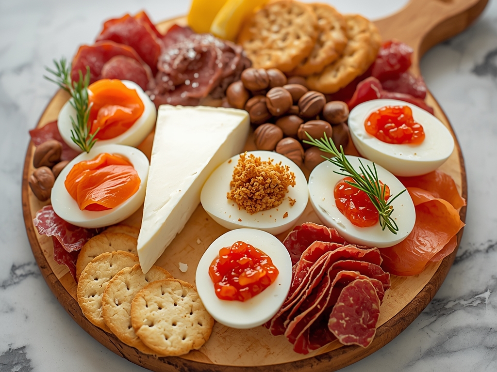 A stylish charcuterie board featuring an assortment of meats, cheeses,
