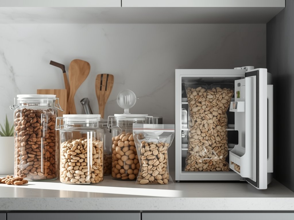 A stylish kitchen counter with a variety of nut storage