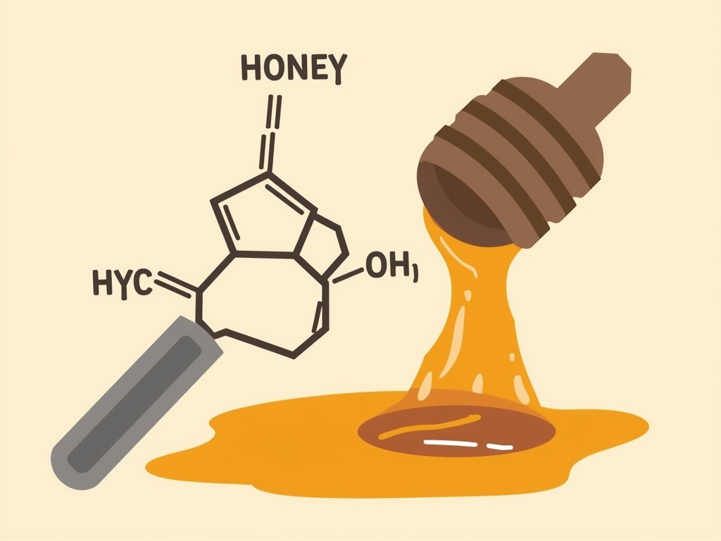 A stylized illustration of a honey molecule, showing glucose and