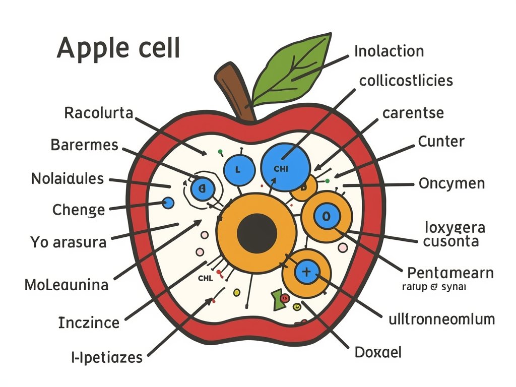 A stylized illustration of an apple cell with enzymes and