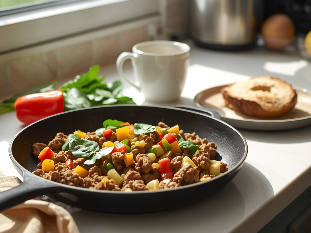 A sunny kitchen counter with a sizzling skillet of ground