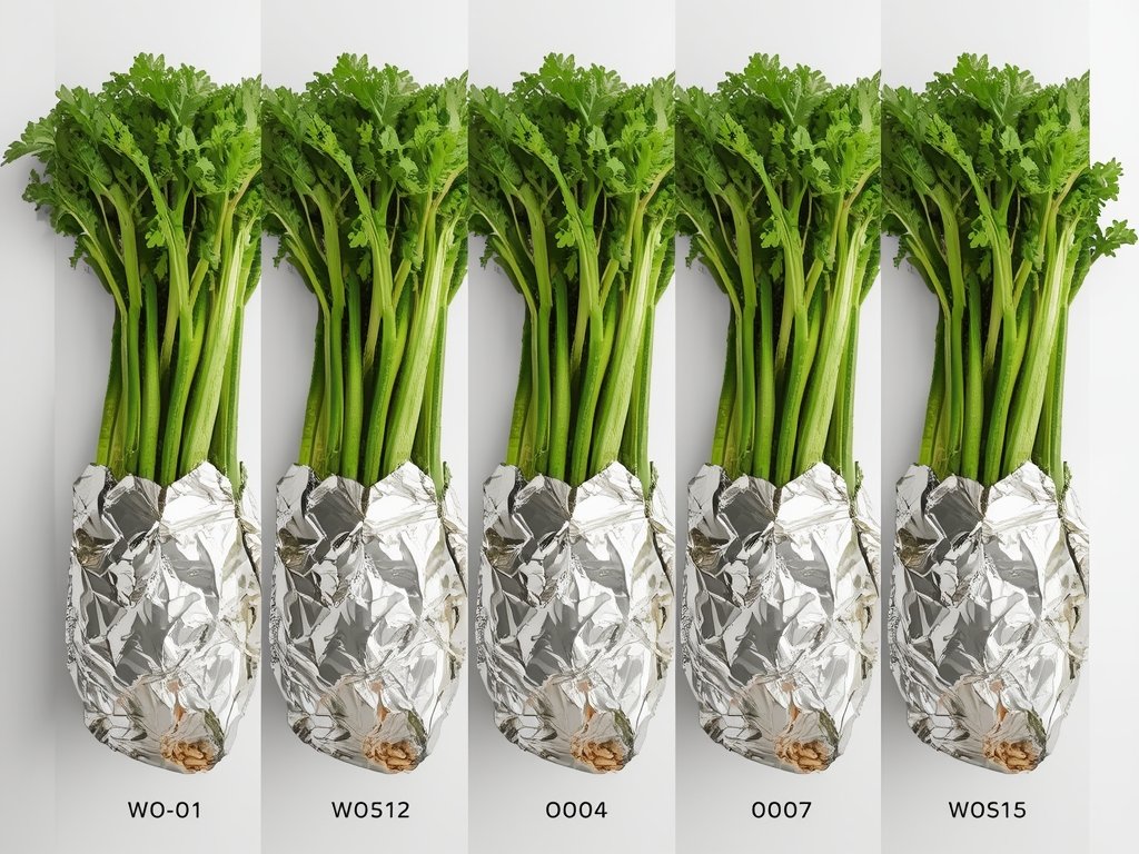 A time-lapse collage showing a celery bunch wrapped in foil,