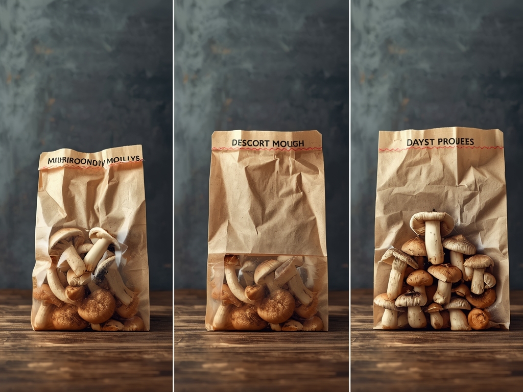 A time-lapse image series showing mushrooms in a paper bag
