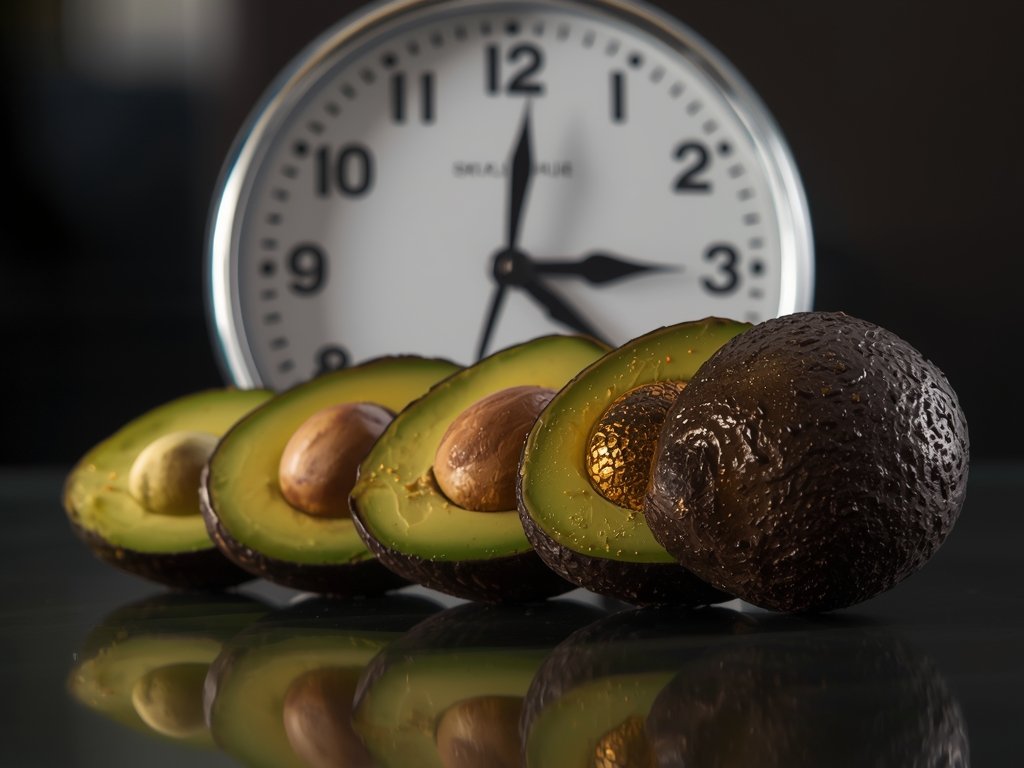 A time-lapse series showing an avocado half gradually turning brown