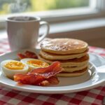 A traditional American breakfast scene with a plate featuring two