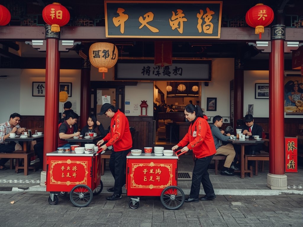 A traditional Chinese teahouse setting with dim sum carts being