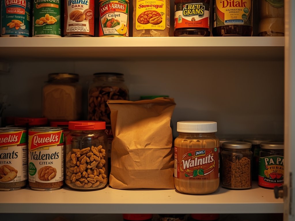 A typical American pantry with shelves lined with canned goods,