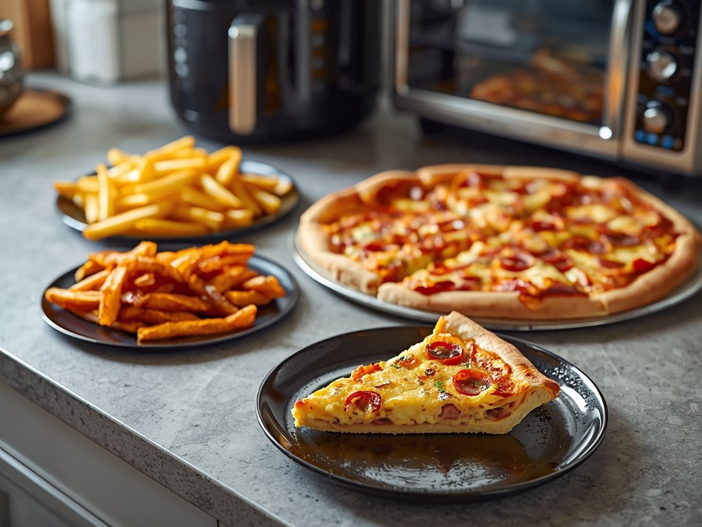 A variety of reheated foods laid out on a kitchen