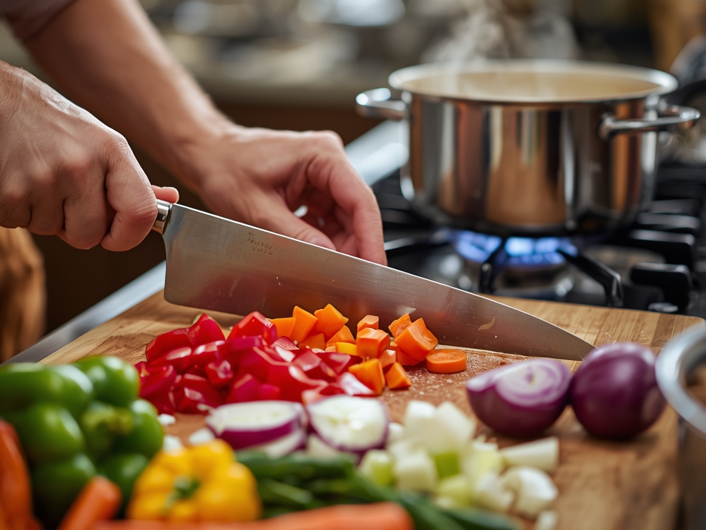 A vibrant, action-packed image of a home cook using a