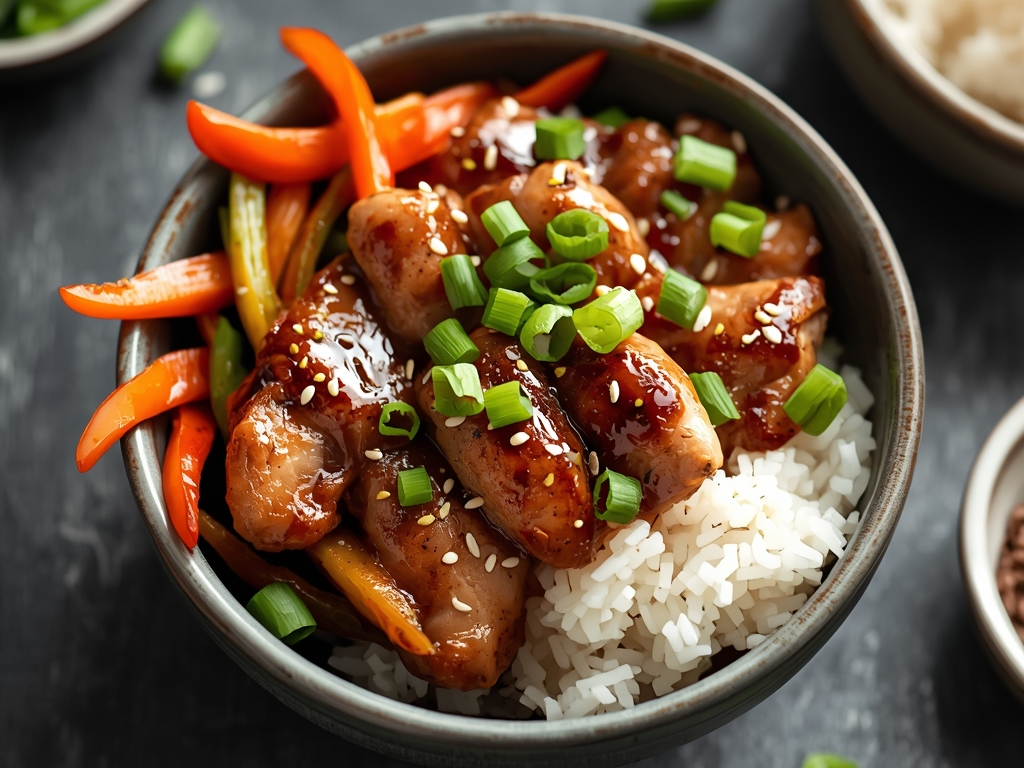 A vibrant bowl filled with teriyaki chicken thighs, steamed rice,