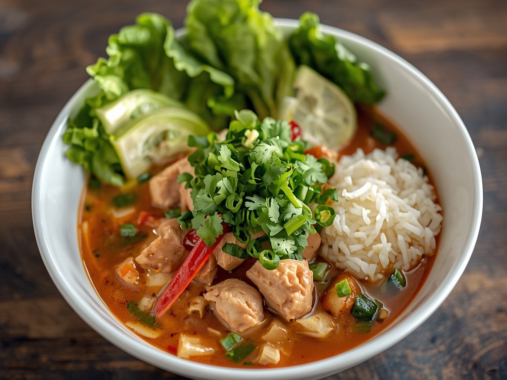 A vibrant bowl of chicken larb, topped with fresh herbs,
