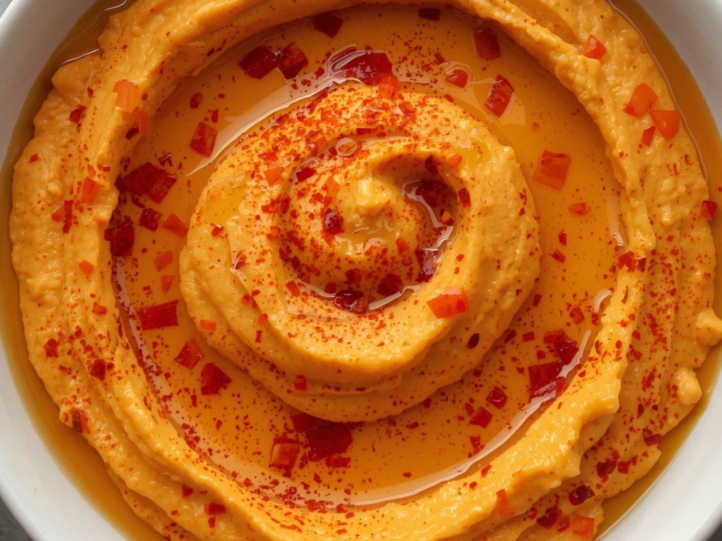 A vibrant bowl of hummus swirled with roasted red peppers,