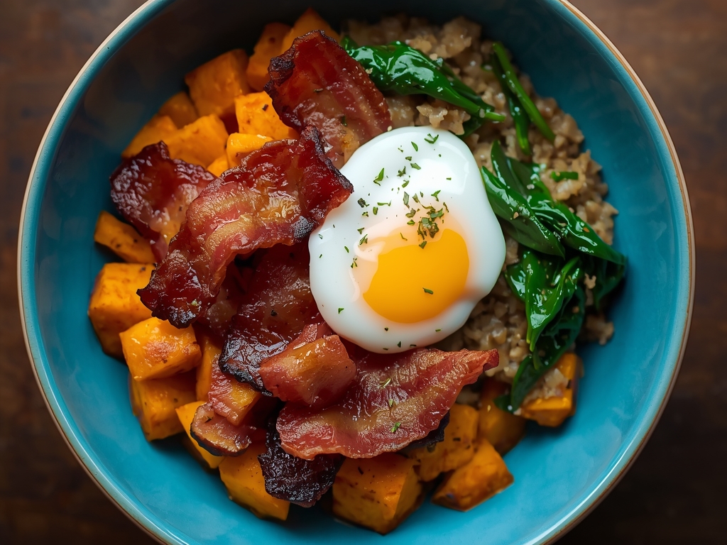 A vibrant breakfast bowl featuring batch-baked sweet potatoes, topped with