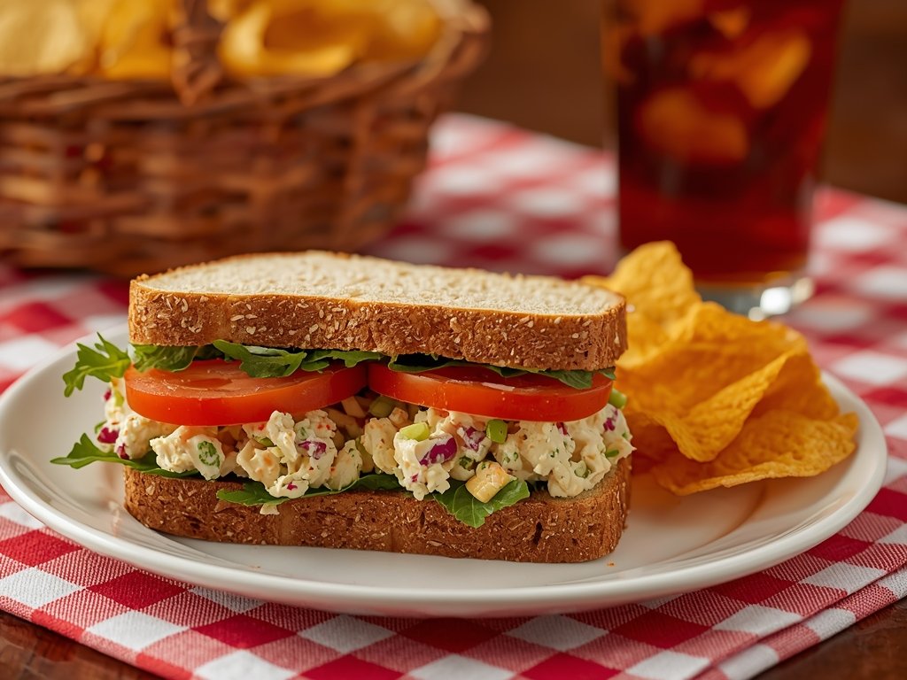 A vibrant chicken salad sandwich on a plate, with a
