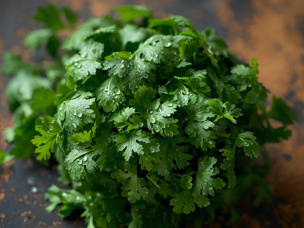 A vibrant, close-up image of a bunch of fresh cilantro