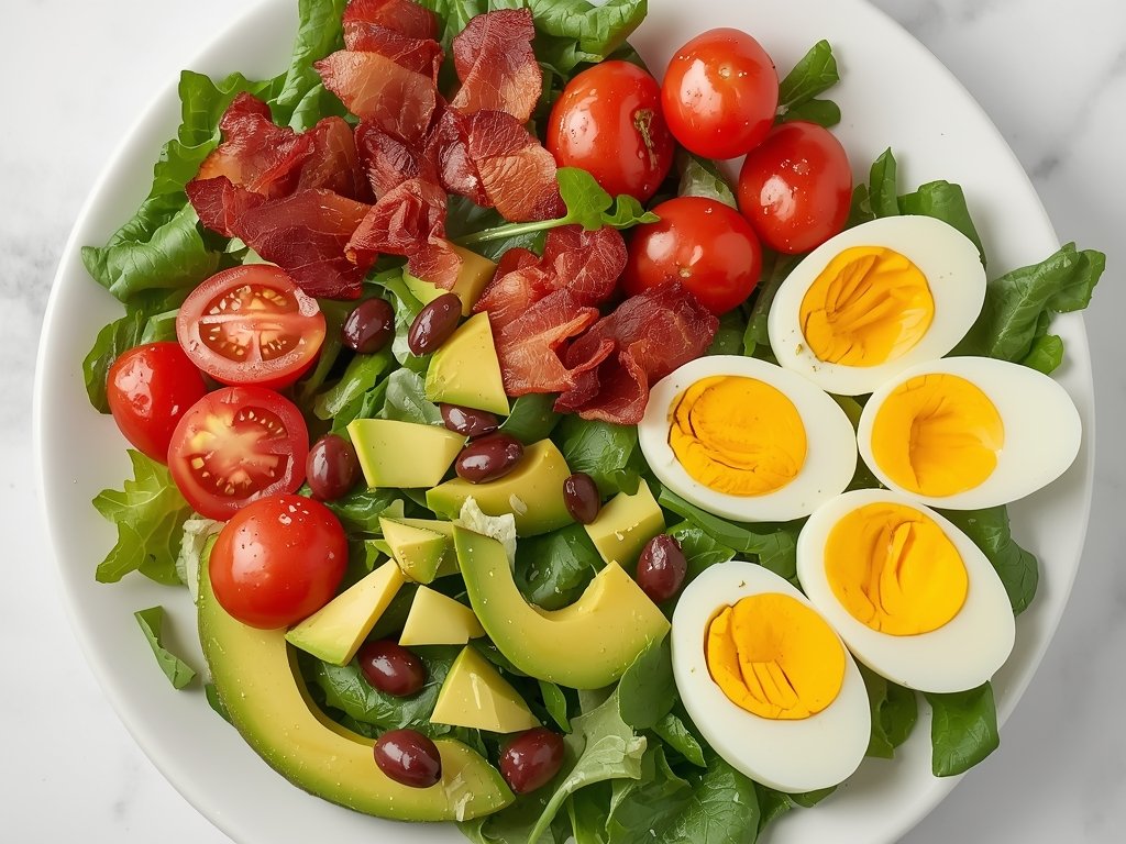 A vibrant Cobb salad with perfectly halved hard-boiled eggs, crisp