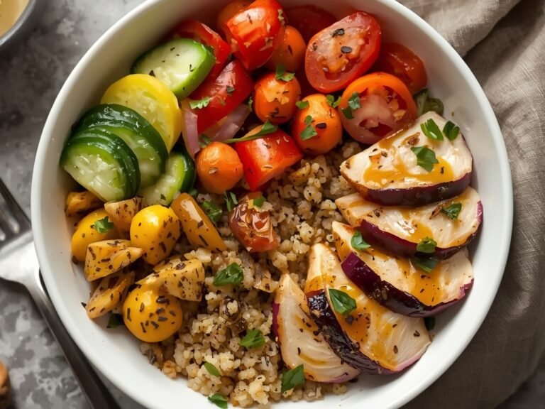 A vibrant, colorful grain bowl with quinoa, roasted vegetables, grilled