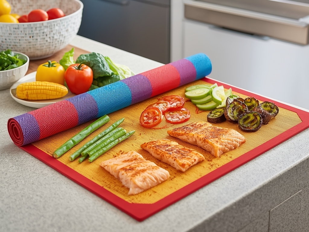 A vibrant, colorful silicon mat being rolled out on a