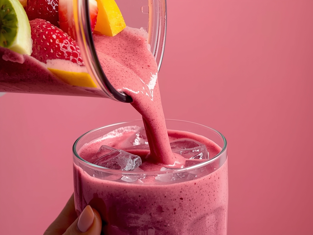 A vibrant, colorful smoothie being poured from a high-speed blender