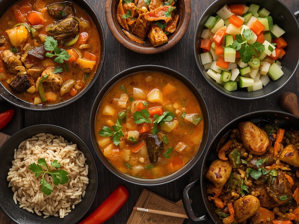 A vibrant, colorful spread of dishes made with mirepoix, including