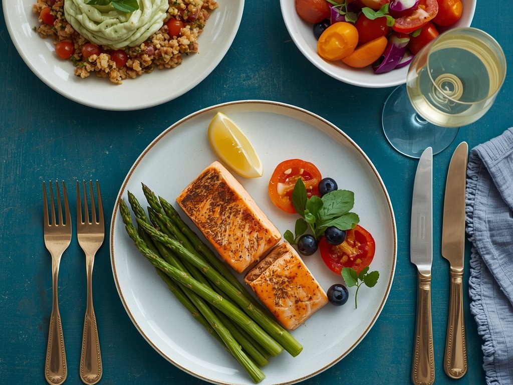 A vibrant dinner table setting featuring a beautifully presented poached