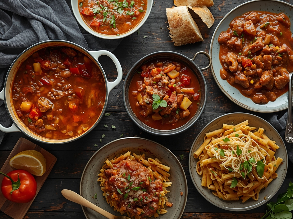 A vibrant, diverse spread of rescued dishes, including a pot