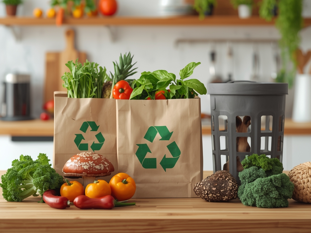 A vibrant, eco-friendly kitchen scene with mushroom paper bags, fresh