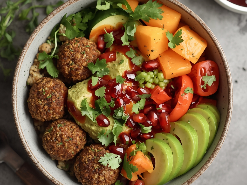 A vibrant falafel bowl featuring reheated falafel balls, quinoa, roasted