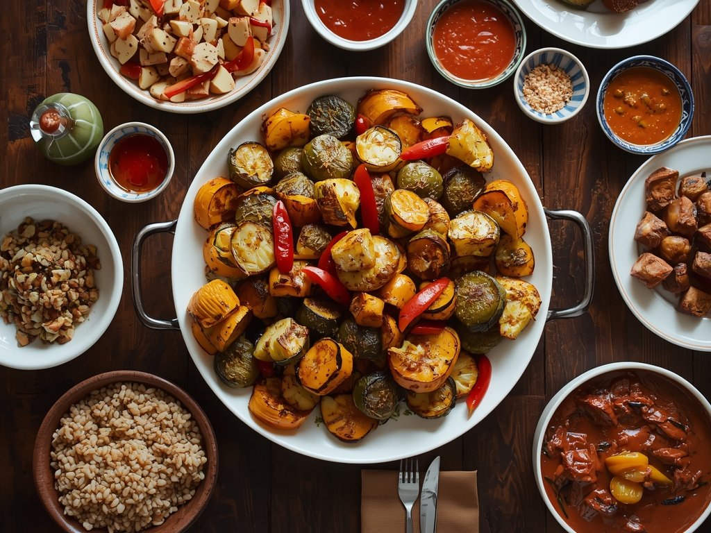 A vibrant, family-style dinner table with a large platter of