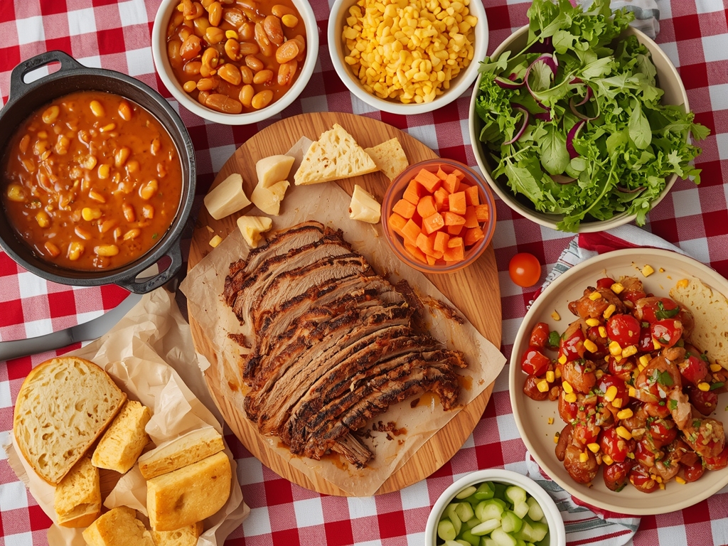 A vibrant food spread featuring reheated pulled pork as the