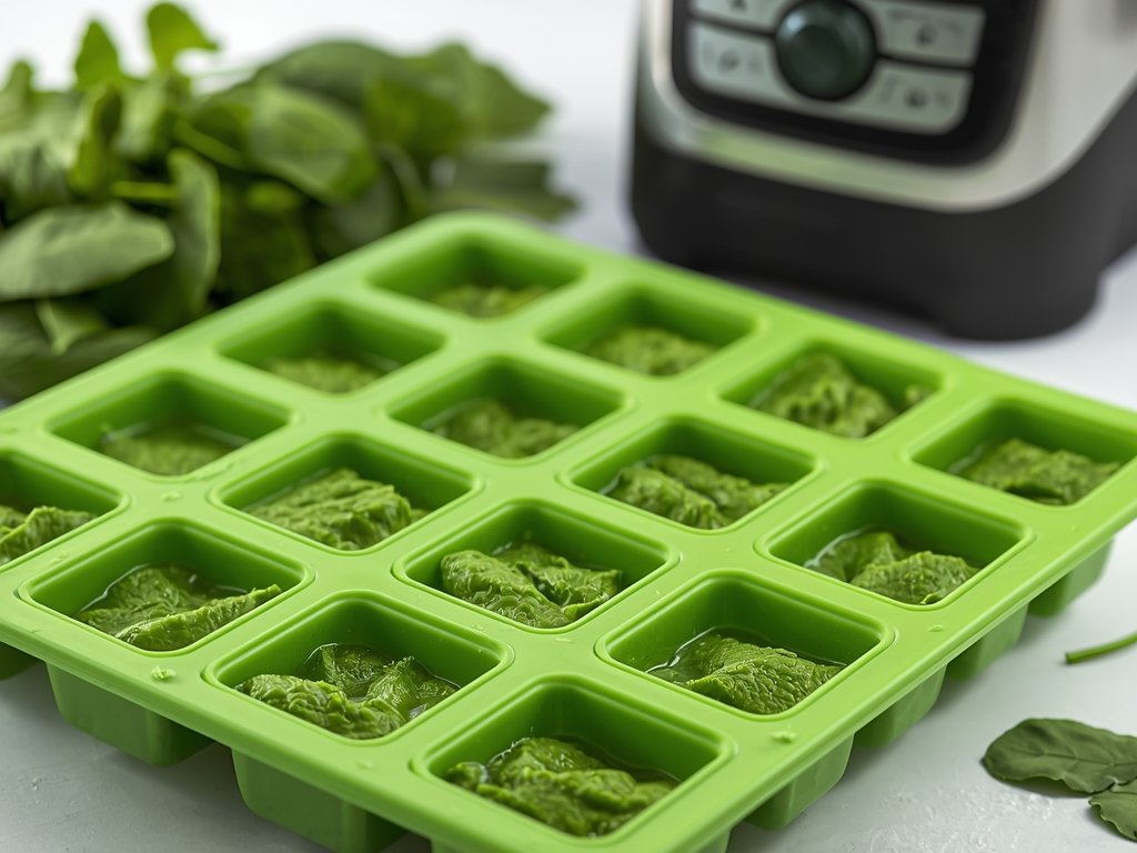 A vibrant green ice cube tray filled with spinach puree,