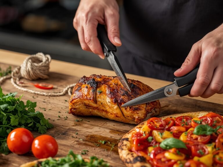 A vibrant kitchen scene with kitchen shears being used to