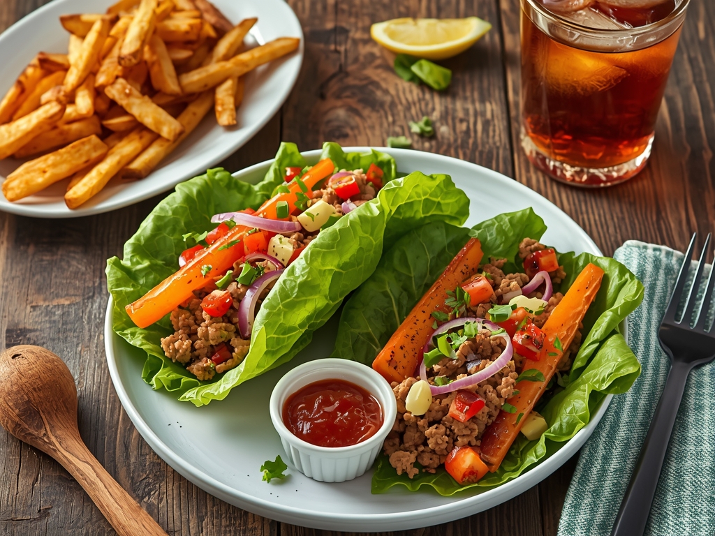 A vibrant lunch spread featuring ground turkey lettuce wraps with