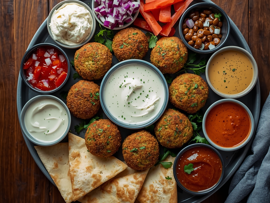 A vibrant Mediterranean platter featuring reheated falafel balls, surrounded by