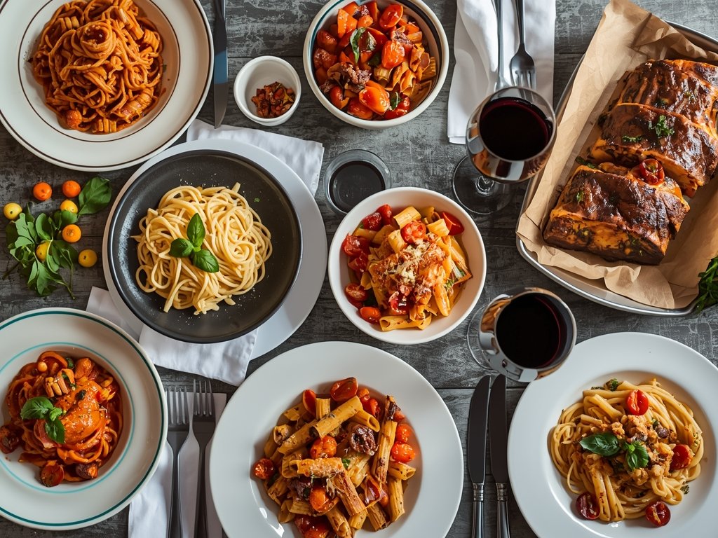 A vibrant, multicultural dinner table with a variety of pasta