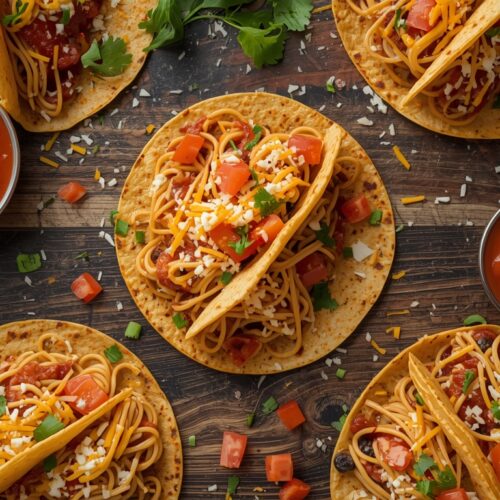 A vibrant, overhead shot of a wooden table with a