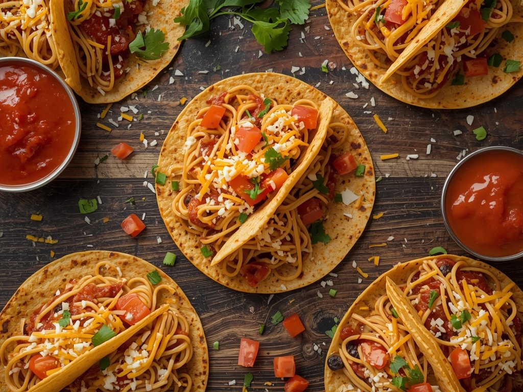 A vibrant, overhead shot of a wooden table with a