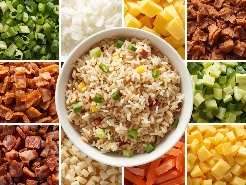 A vibrant, overhead shot of various fried rice toppings and